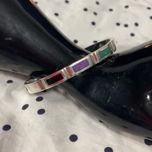 Vintage 925 Sterling Silver Bangle Bracelet With Onyx, Sugilite and Malachite.